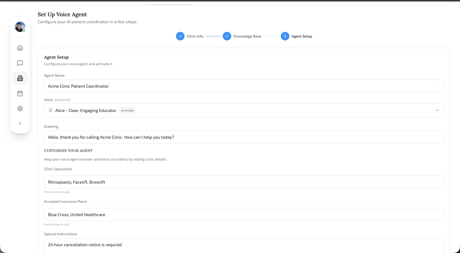 Additional data entry form with agent name, voice, greeting, and specialties
