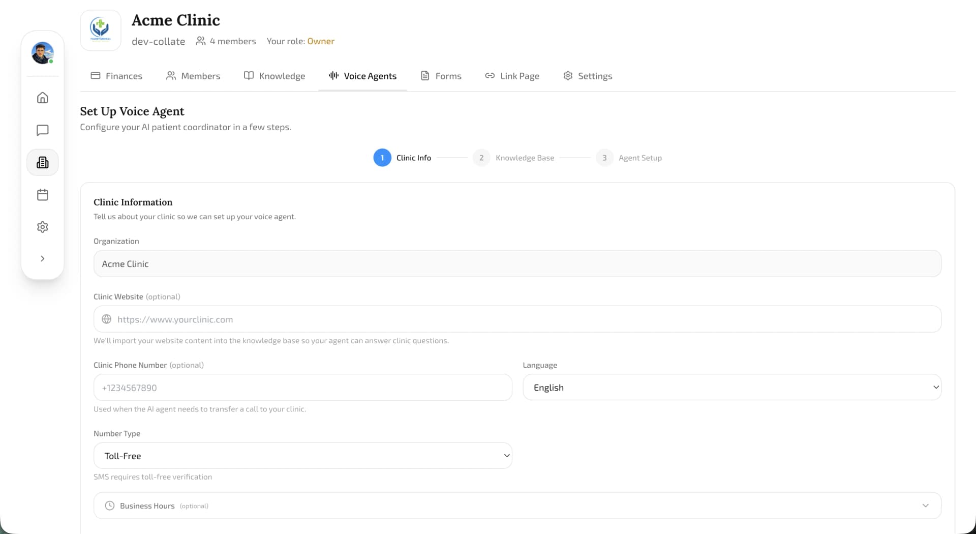Voice Agent Onboarding Wizard Step 1 — clinic information form